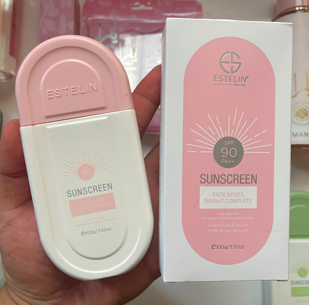 ضدآفتاب استلین صورتی بی رنگ ضدلک و ضد التهاب spf90 وزن ۱۰۰میل بزرگ